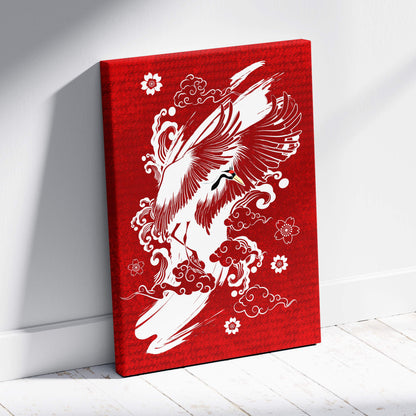 Red crane canvas wall art with white stylized crane in flight on red background featuring clouds and cherry blossoms