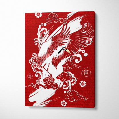 Red canvas wall art featuring a white crane with black and yellow accents surrounded by clouds and cherry blossoms