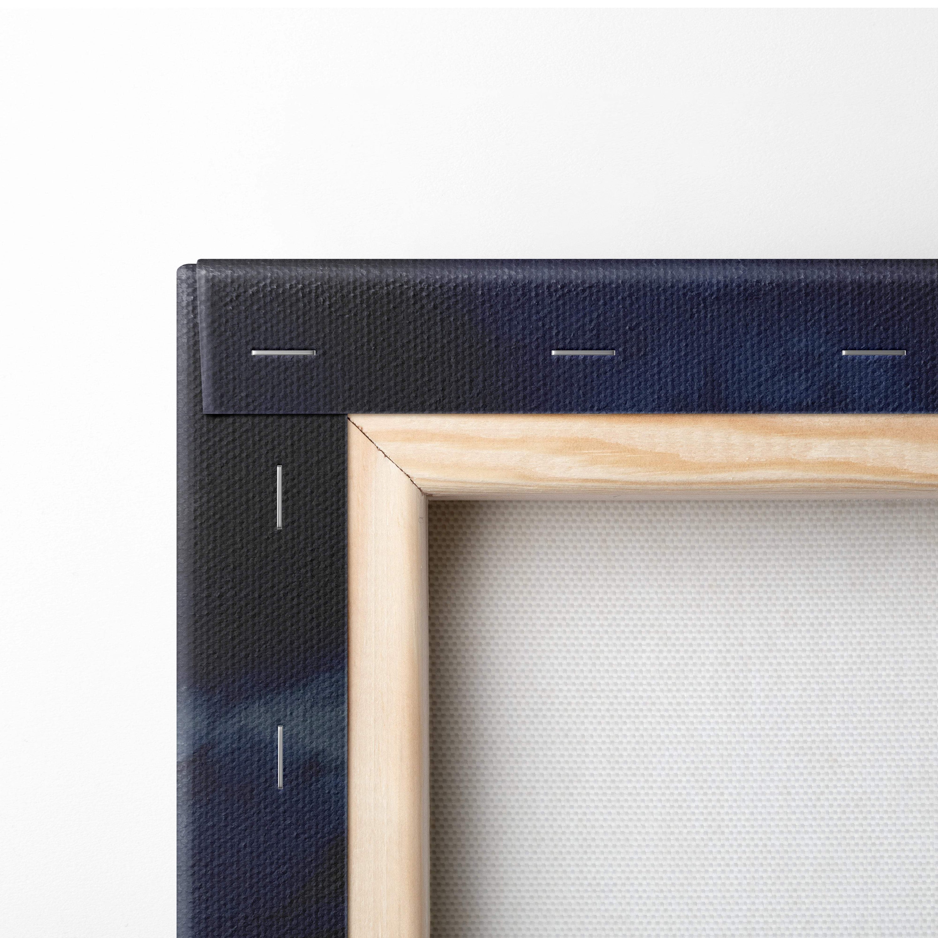 Minimalist lightning storm road canvas art with natural wood frame navy blue textured backing and white stitching edges