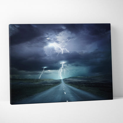 Canvas print of dramatic lightning storm over empty road with dark blue sky electric strikes cinematic wall decor
