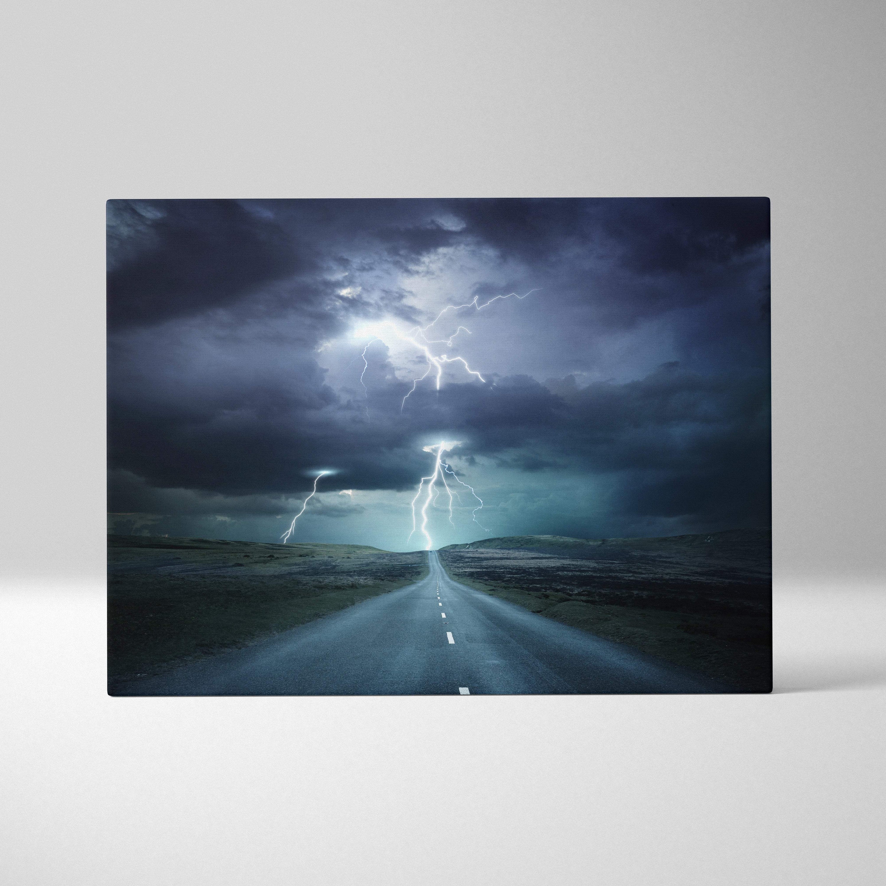 Lightning storm road canvas art featuring dramatic electric strikes over dark blue sky and long road landscape