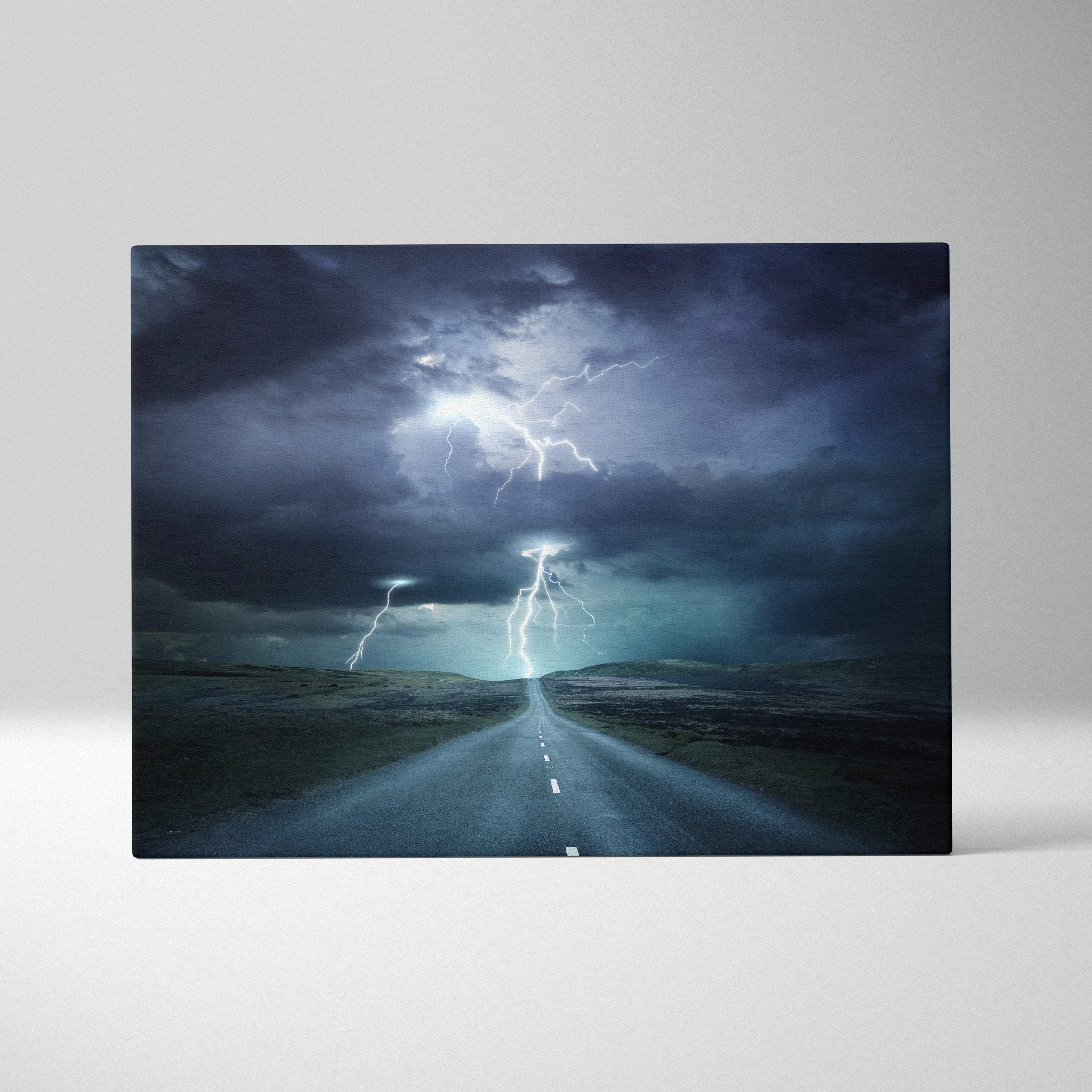 Lightning storm road canvas art featuring dramatic electric strikes over dark blue sky and long road landscape