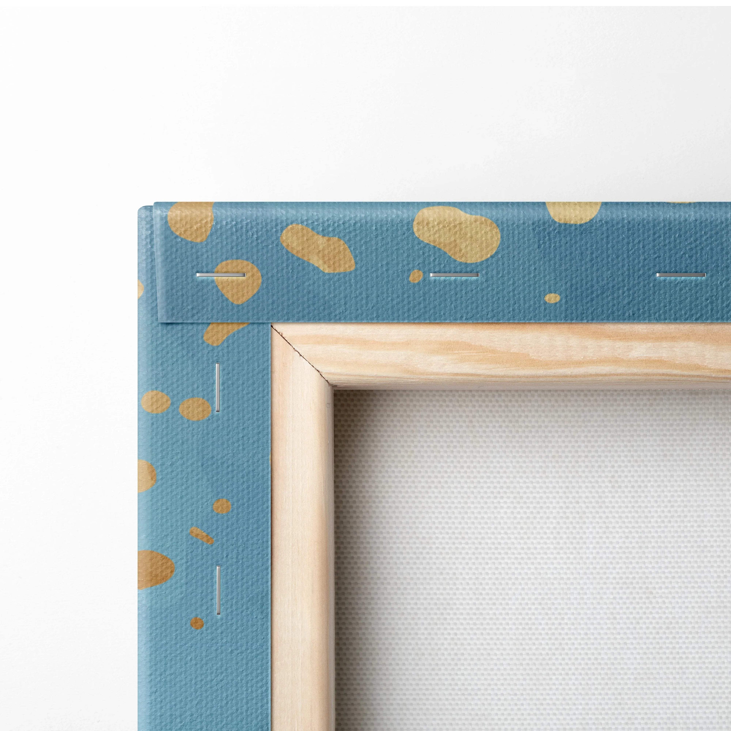 Blue teal watercolor gradient canvas with gold confetti accents in light wood frame