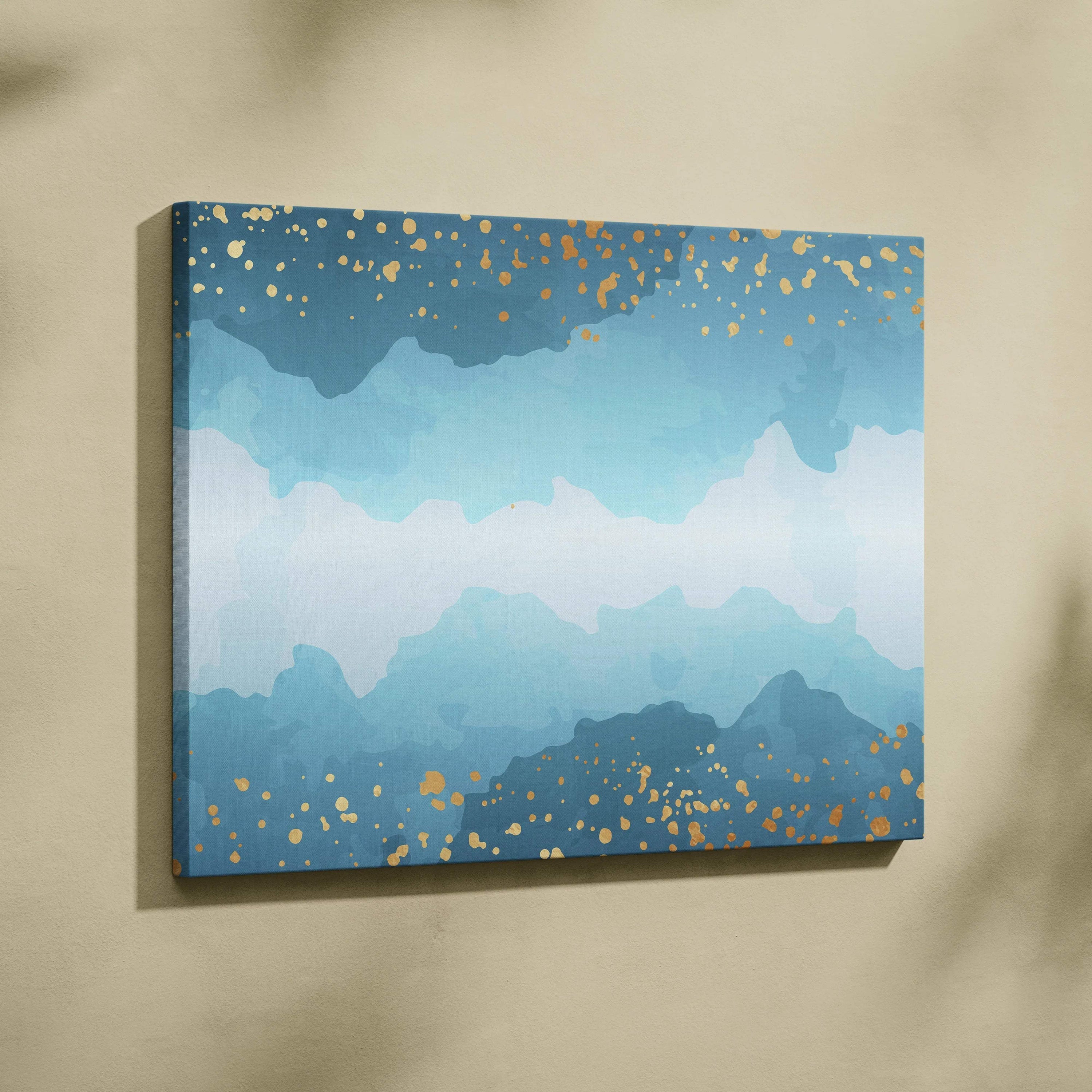 Blue teal gradient watercolor canvas with gold confetti accents