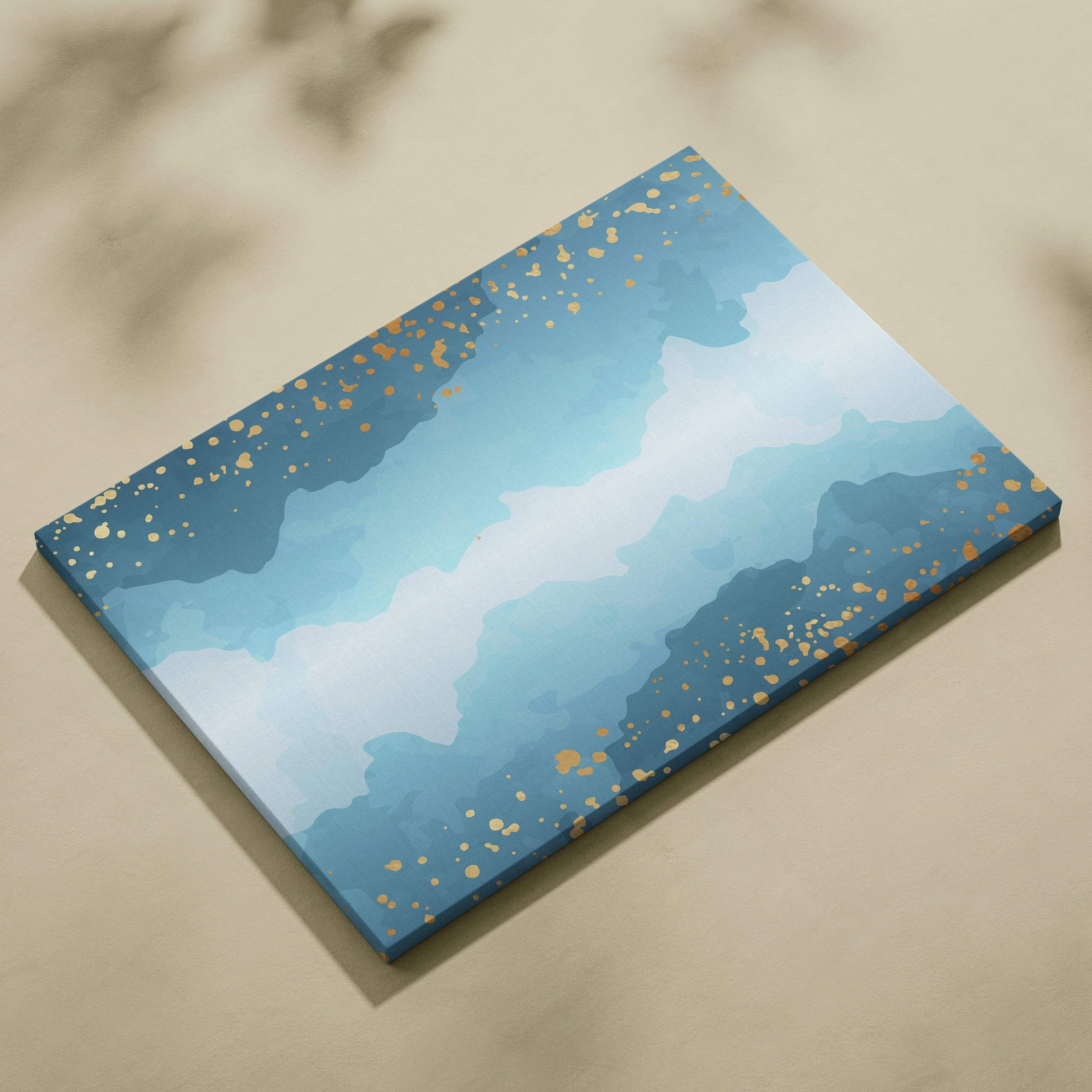 Abstract blue teal watercolor gradient canvas with gold confetti accents