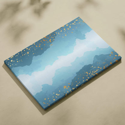 Abstract blue teal watercolor gradient canvas with gold confetti accents