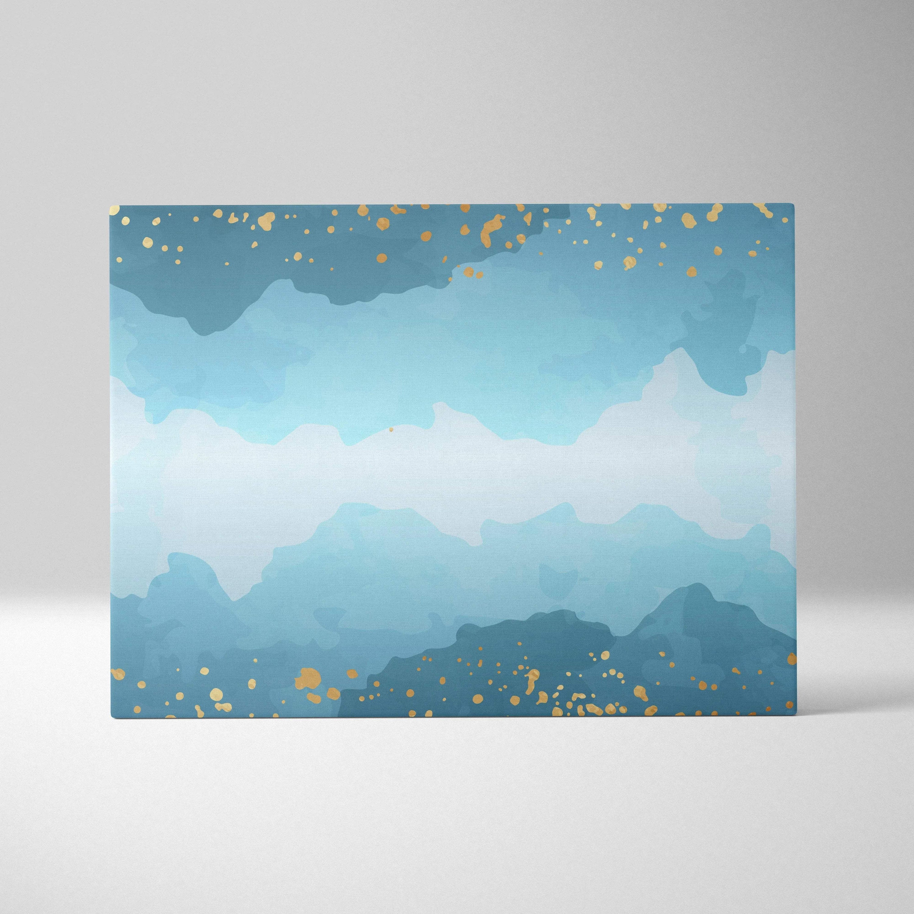Abstract blue teal watercolor gradient canvas with gold confetti accents