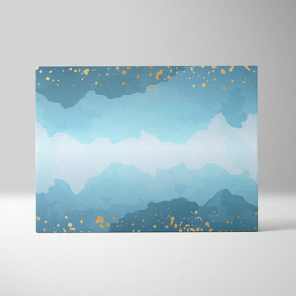 Abstract blue teal watercolor gradient canvas with gold confetti accents