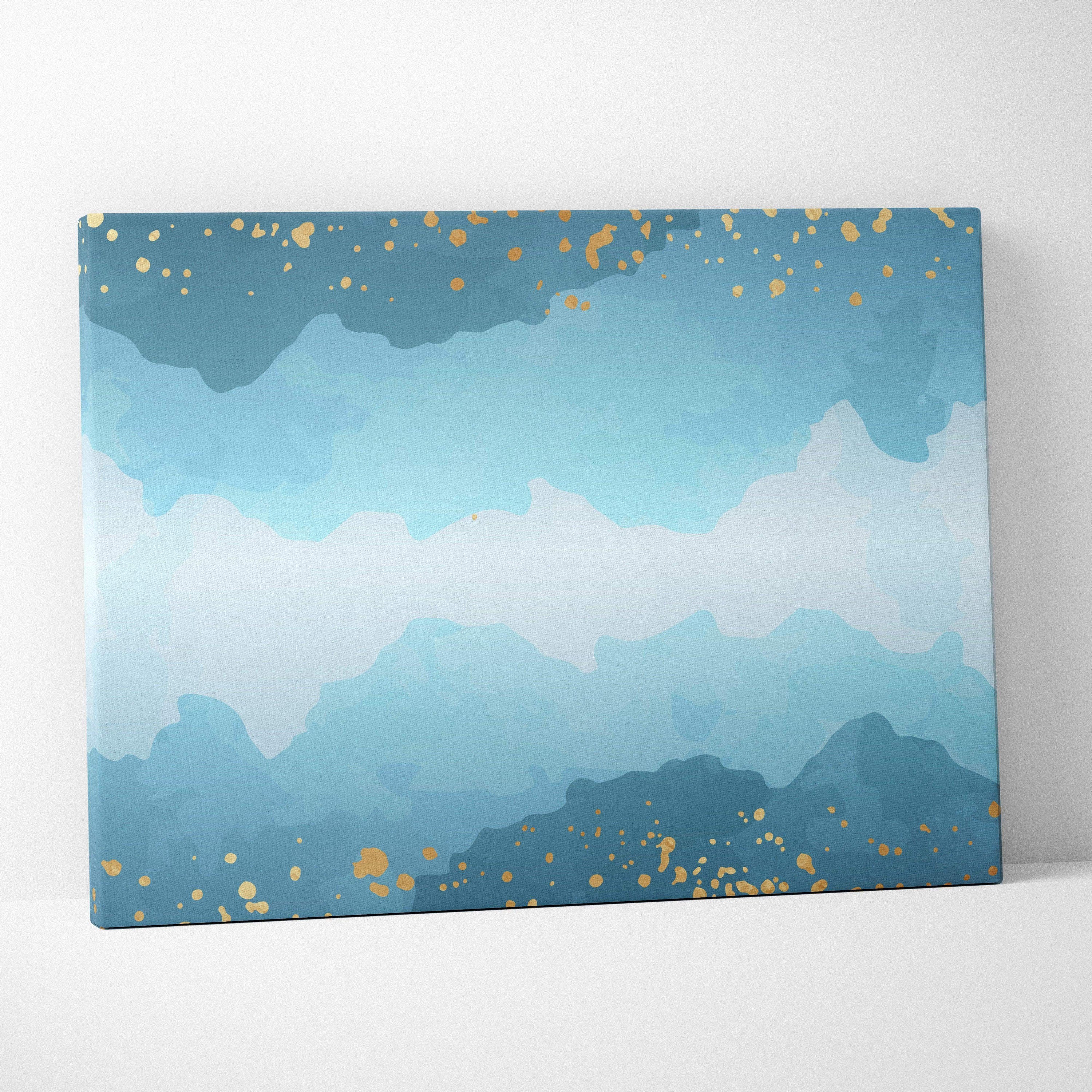 Blue teal watercolor gradient canvas with gold confetti accents