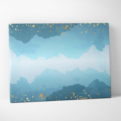 Blue teal watercolor gradient canvas with gold confetti accents