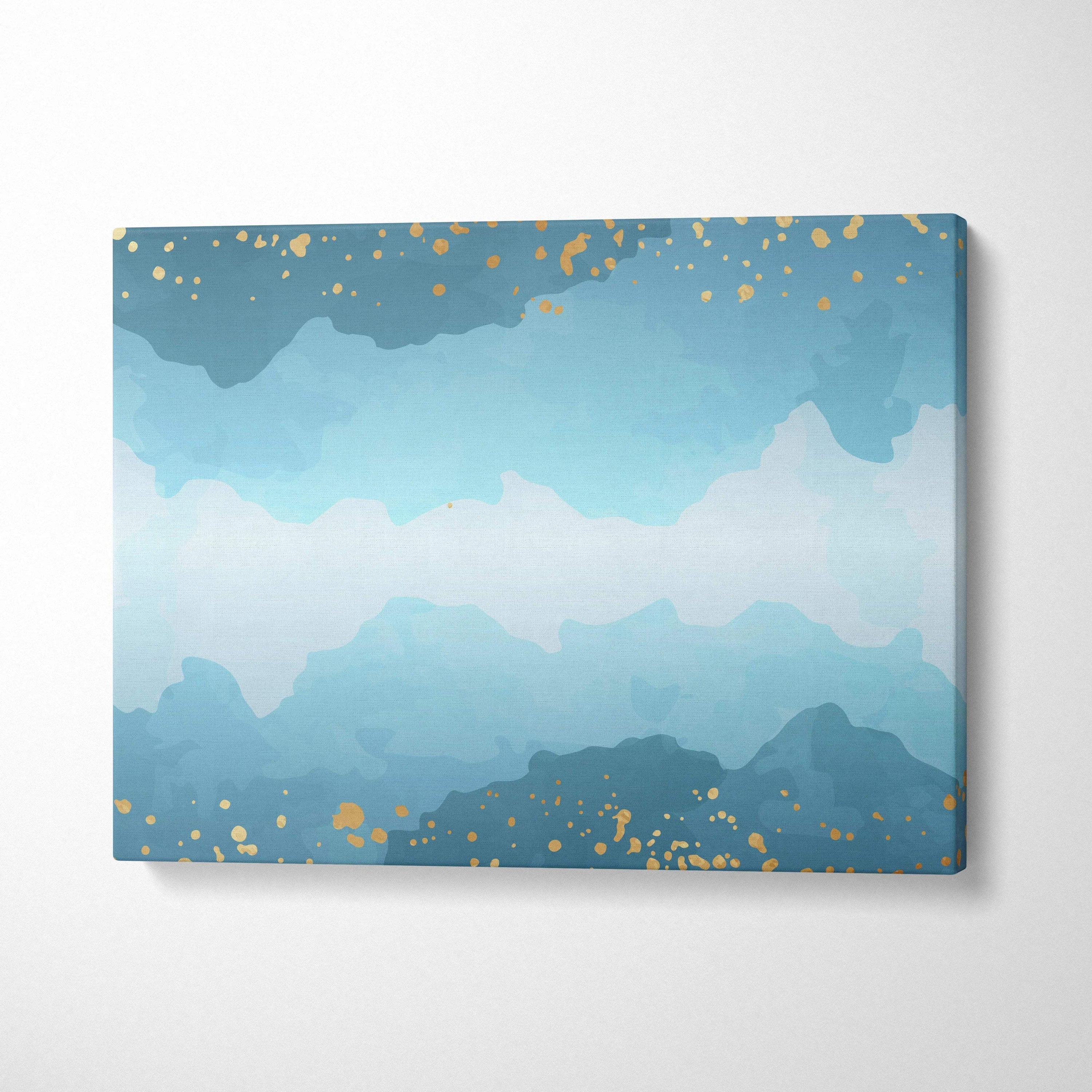 Blue teal watercolor gradient canvas with gold confetti accents