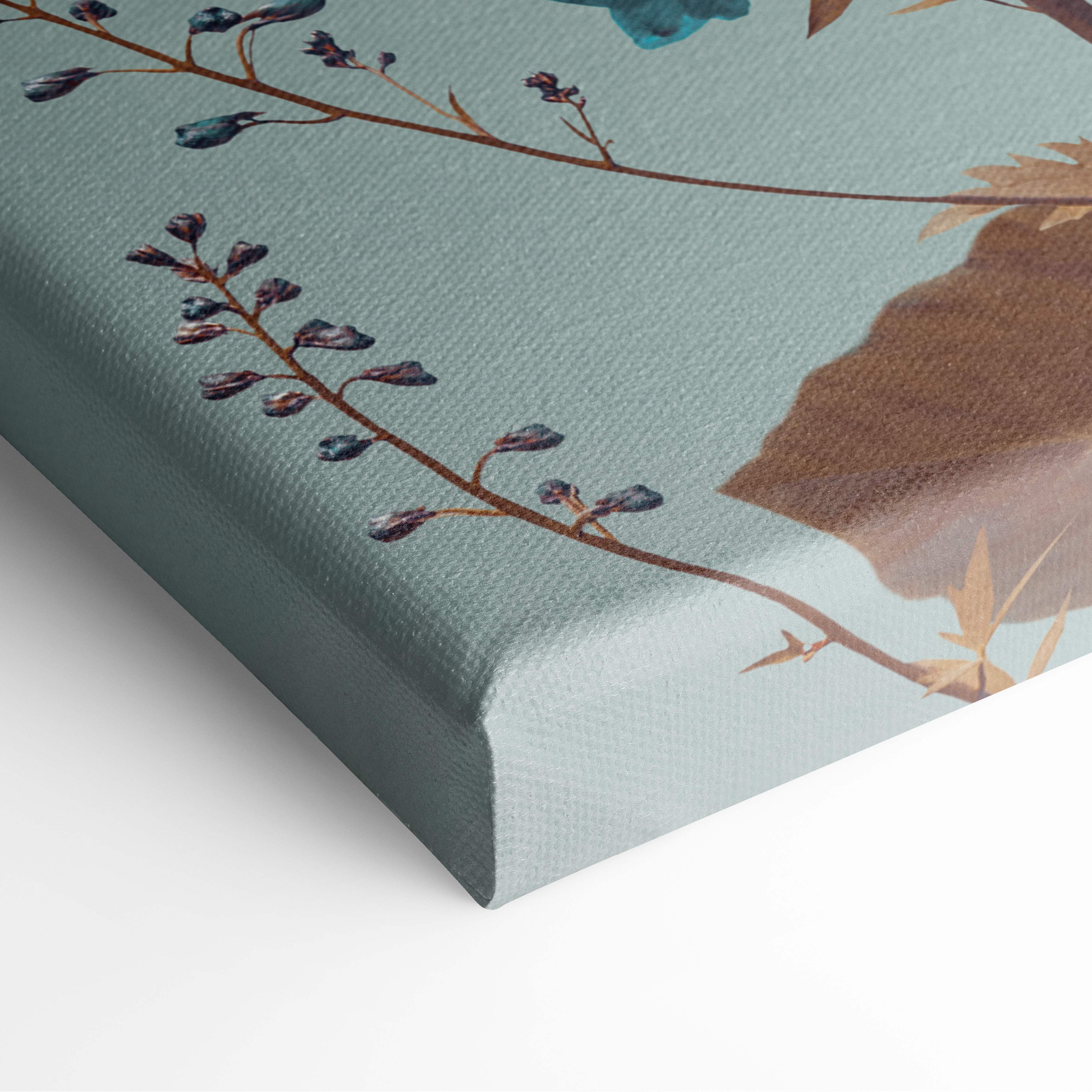 Teal canvas print with delicate brown stems and dark purple buds botanical art for contemporary feminine bedroom decor