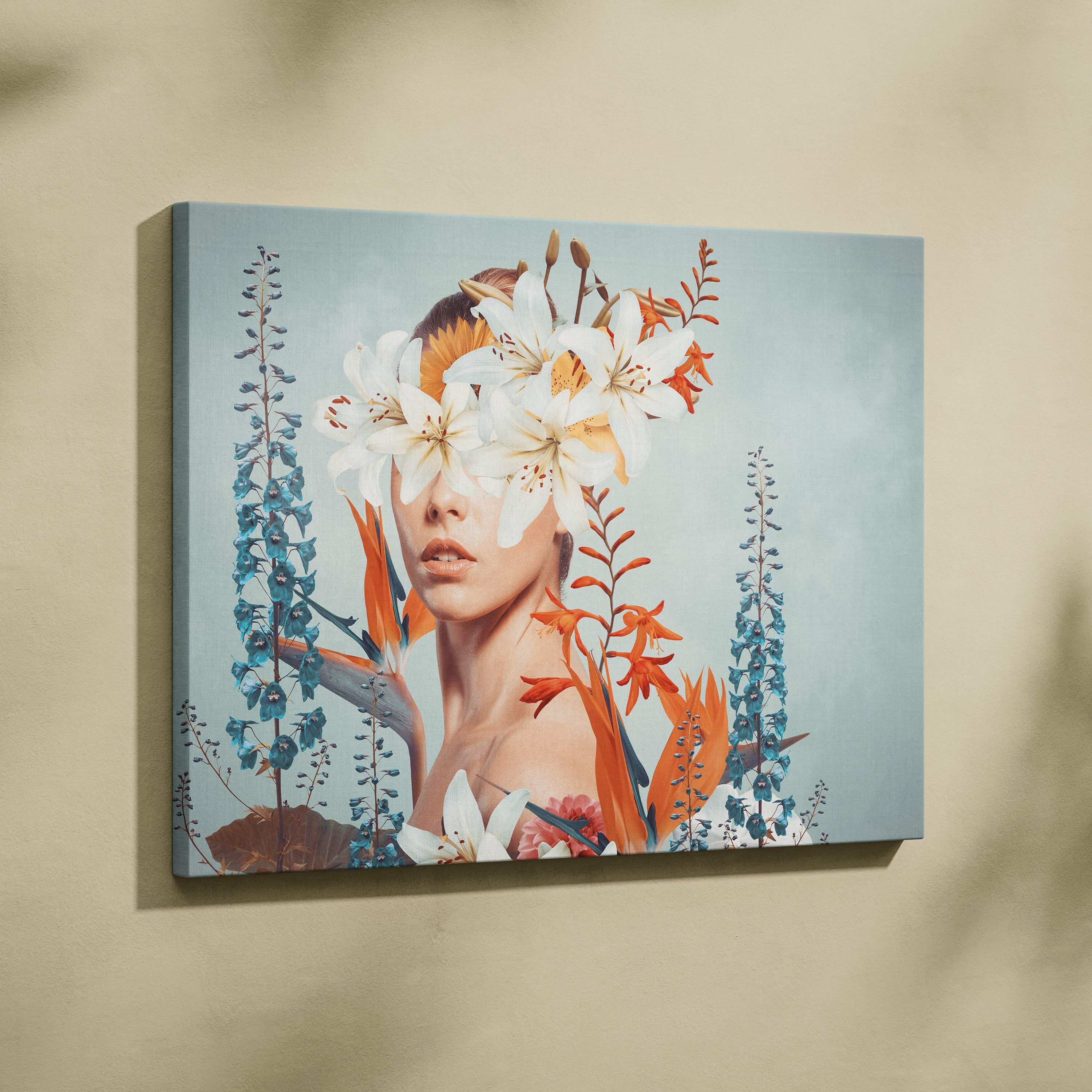 Contemporary floral woman canvas wall art with white lilies and orange blue flowers on light blue background for bedroom
