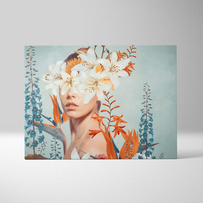 Rectangular contemporary floral canvas wall art featuring a woman partially hidden by white lilies and orange flowers on teal