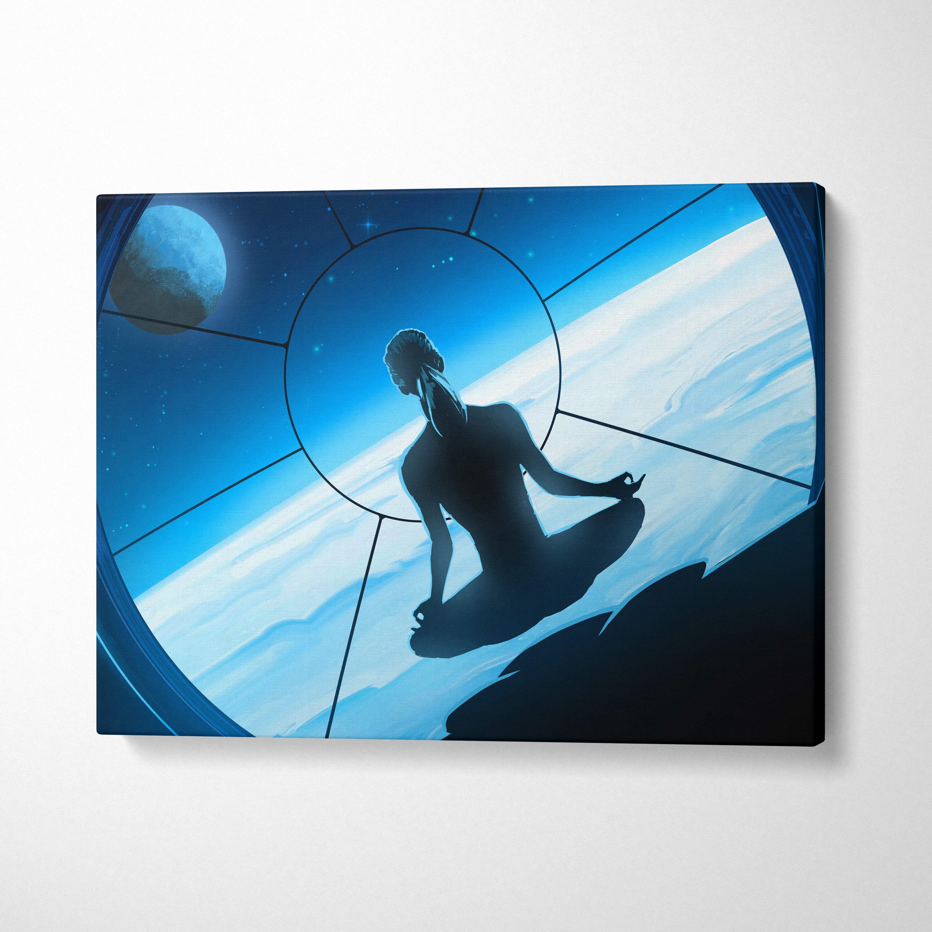 Blue canvas print of a meditating silhouette inside a circular window with stars planets and clouds in space
