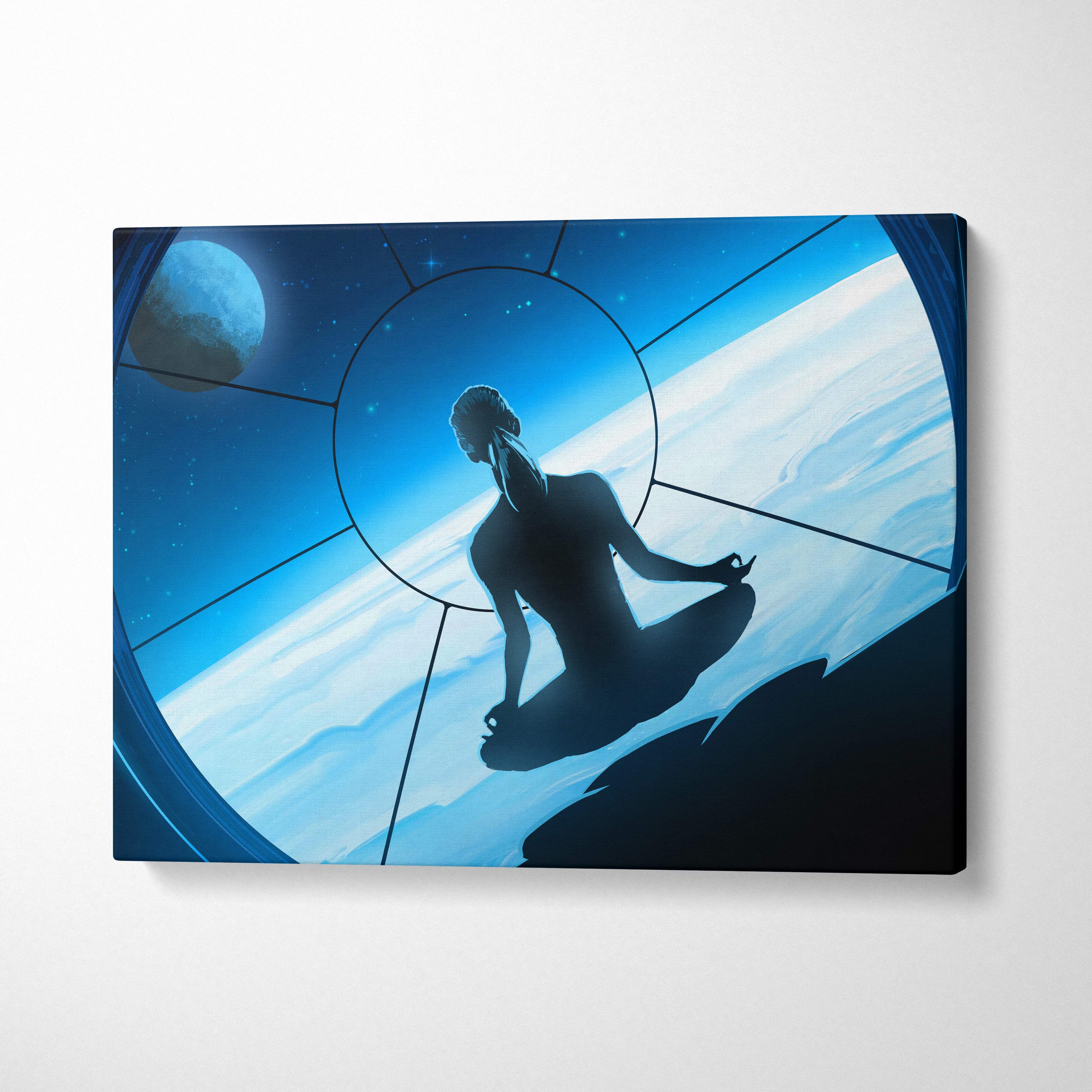 Blue canvas print of a meditating silhouette inside a circular window with stars planets and clouds in space