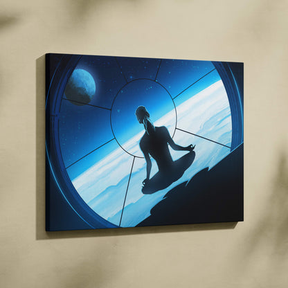Blue canvas print of a meditating silhouette inside a circular window overlooking stars and planets for wall decor