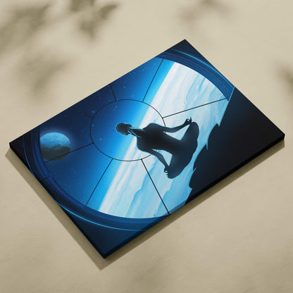 Blue canvas print featuring a yoga pose silhouette against a cosmic backdrop with planets and starry skies wall decor