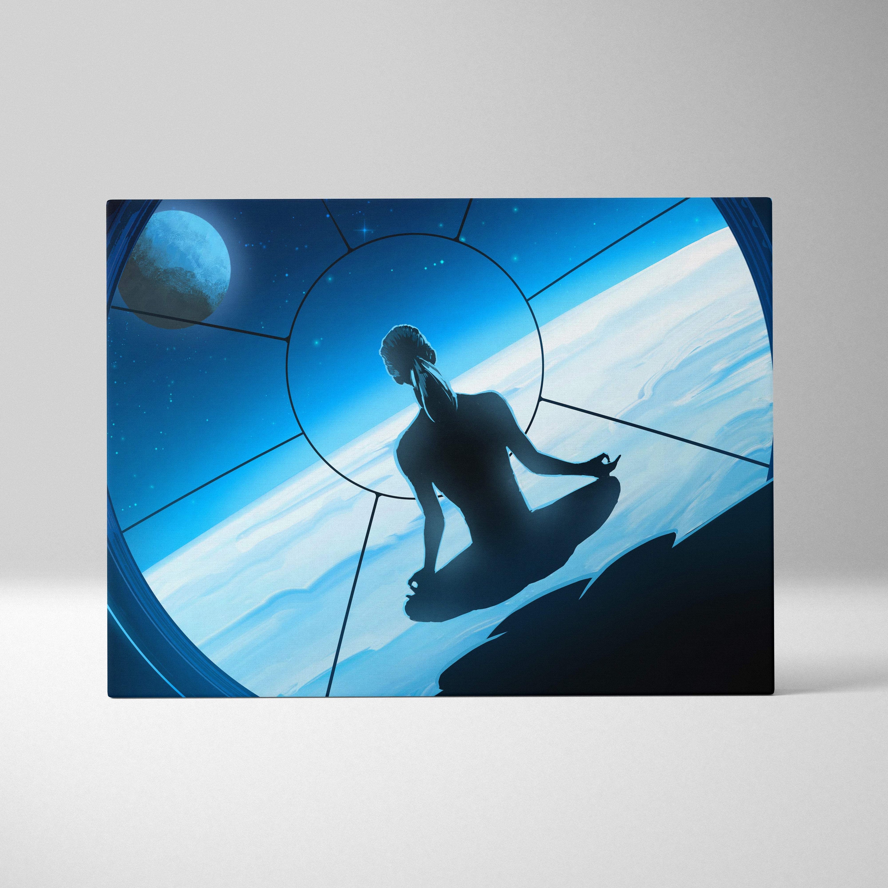 Blue space-themed canvas print featuring a silhouette meditating inside a cosmic window with planets and stars visible