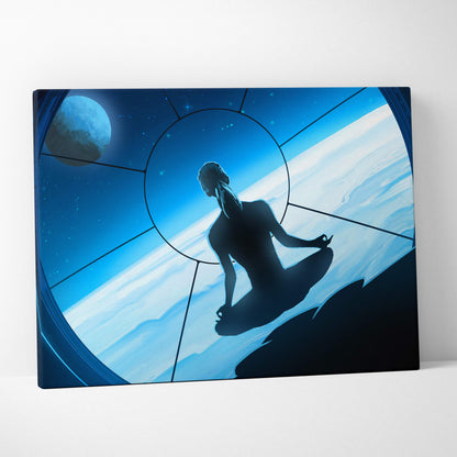 Blue canvas print of a meditating silhouette against a cosmic backdrop with stars planets for calming wall decor