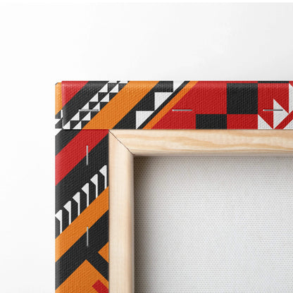 Tribal diamond canvas wall art with bold red orange black white geometric motifs