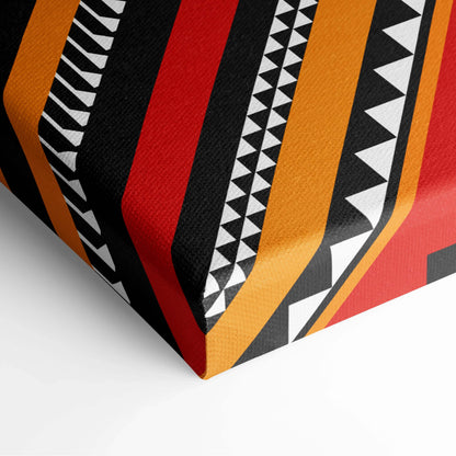 Tribal diamond canvas wall art with bold red orange black geometric stripes
