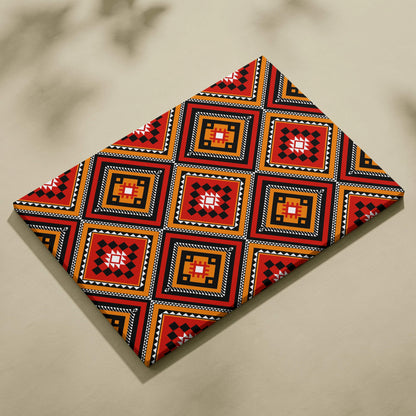 Tribal diamond pattern canvas wall art in red, orange, black, white geometric motifs