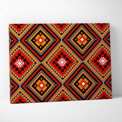 Tribal diamond pattern canvas wall art in bold red orange black white geometric motifs