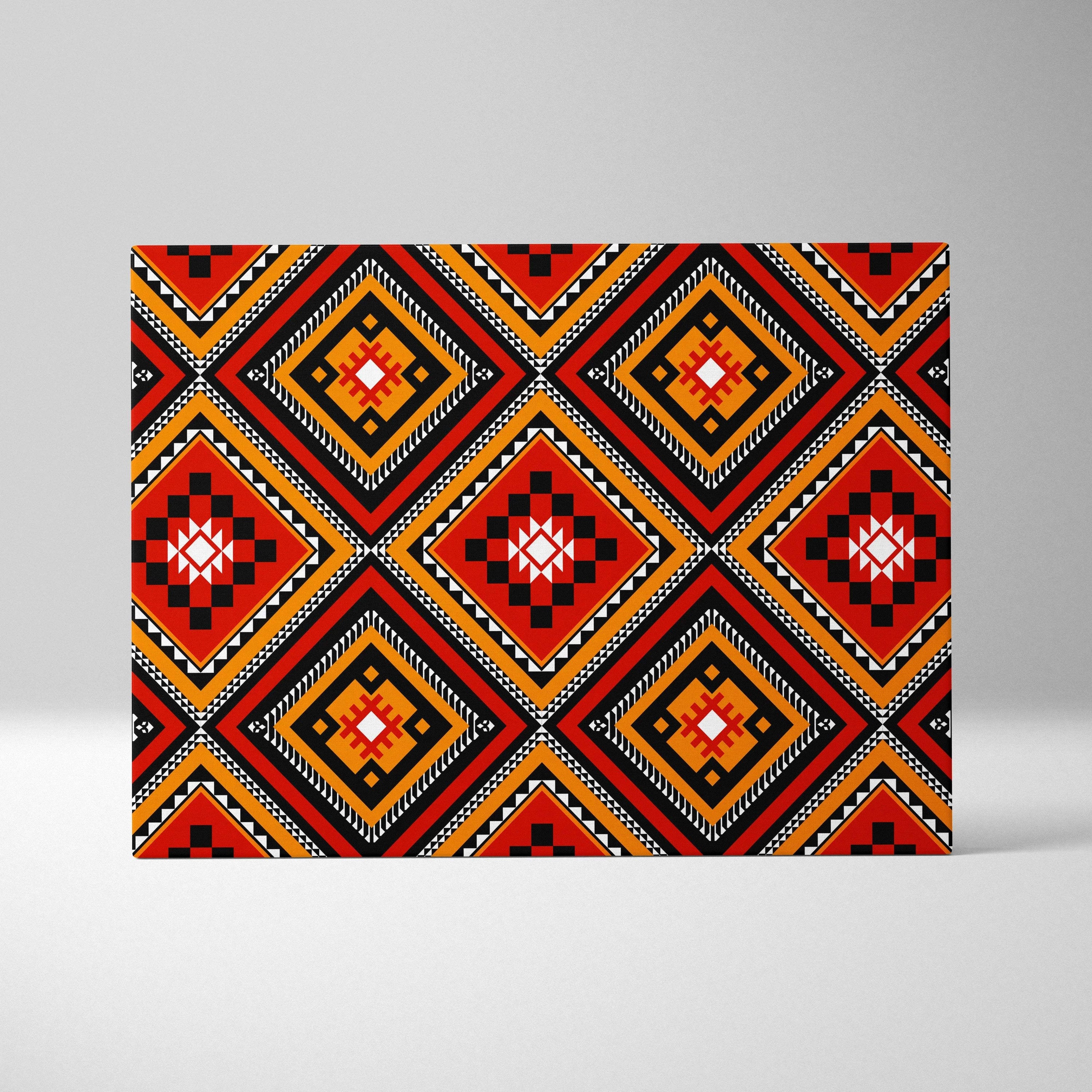 Tribal diamond pattern canvas wall art in red, black, orange, white