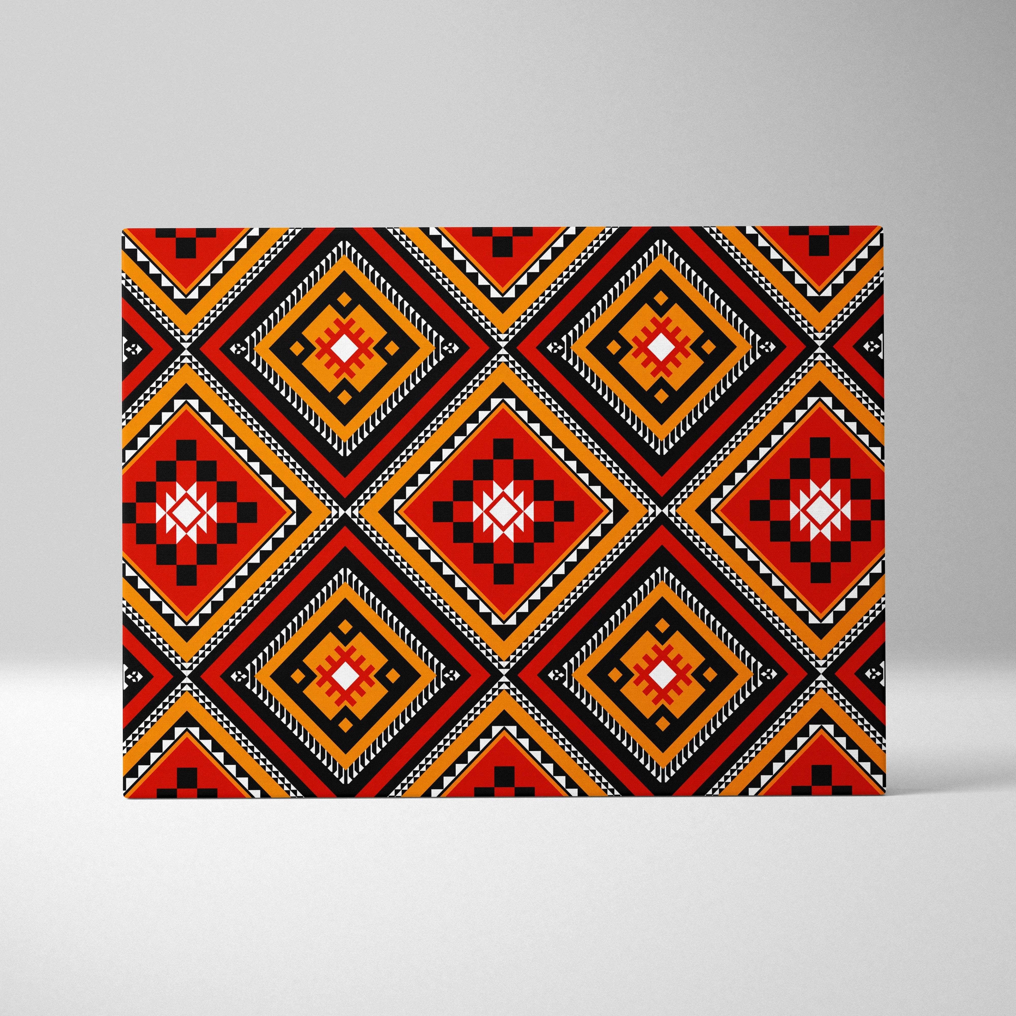 Tribal diamond pattern canvas wall art in red, black, orange, white