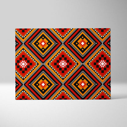 Tribal diamond pattern canvas wall art in red, black, orange, white