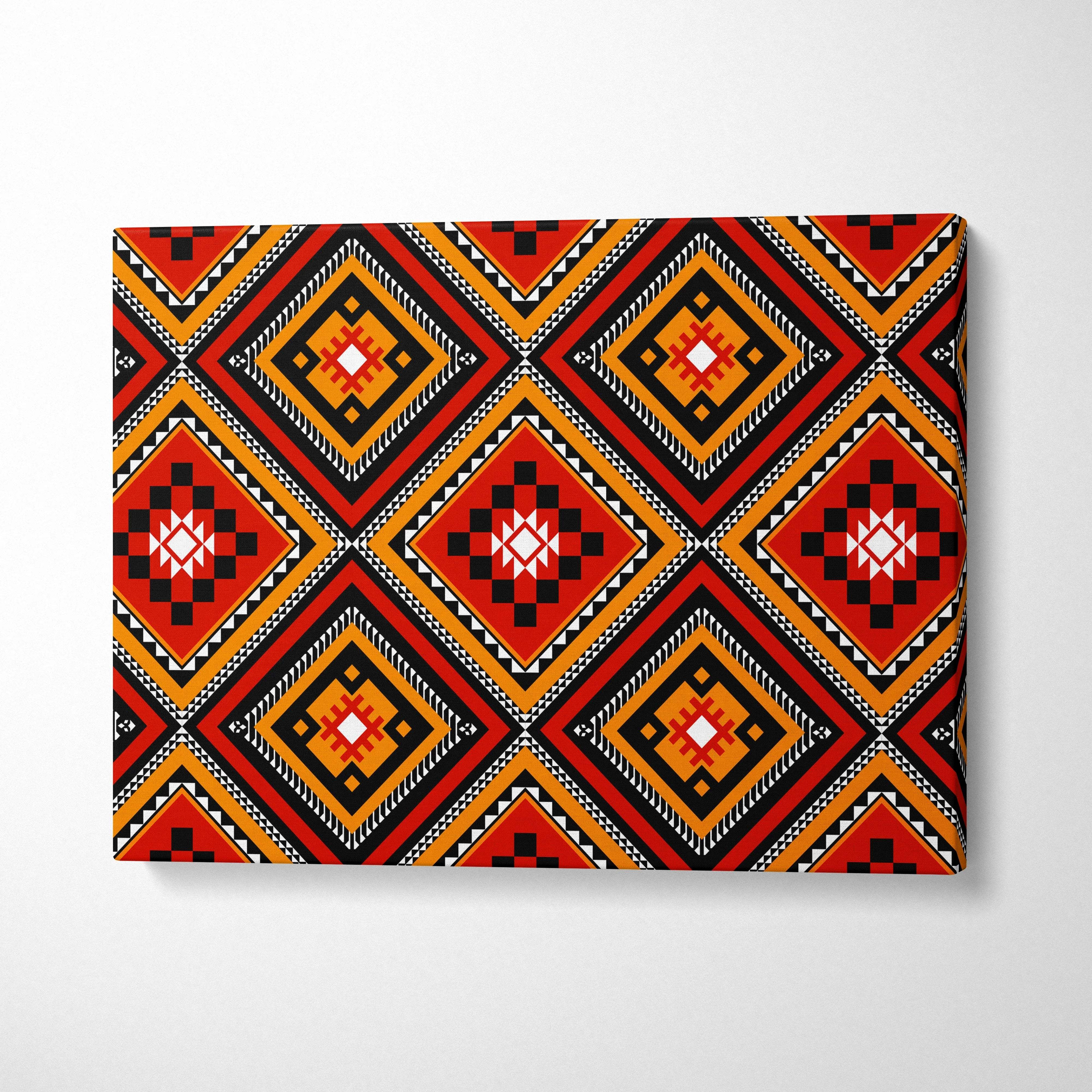 Tribal diamond pattern canvas wall art in bold red orange black white geometric motifs