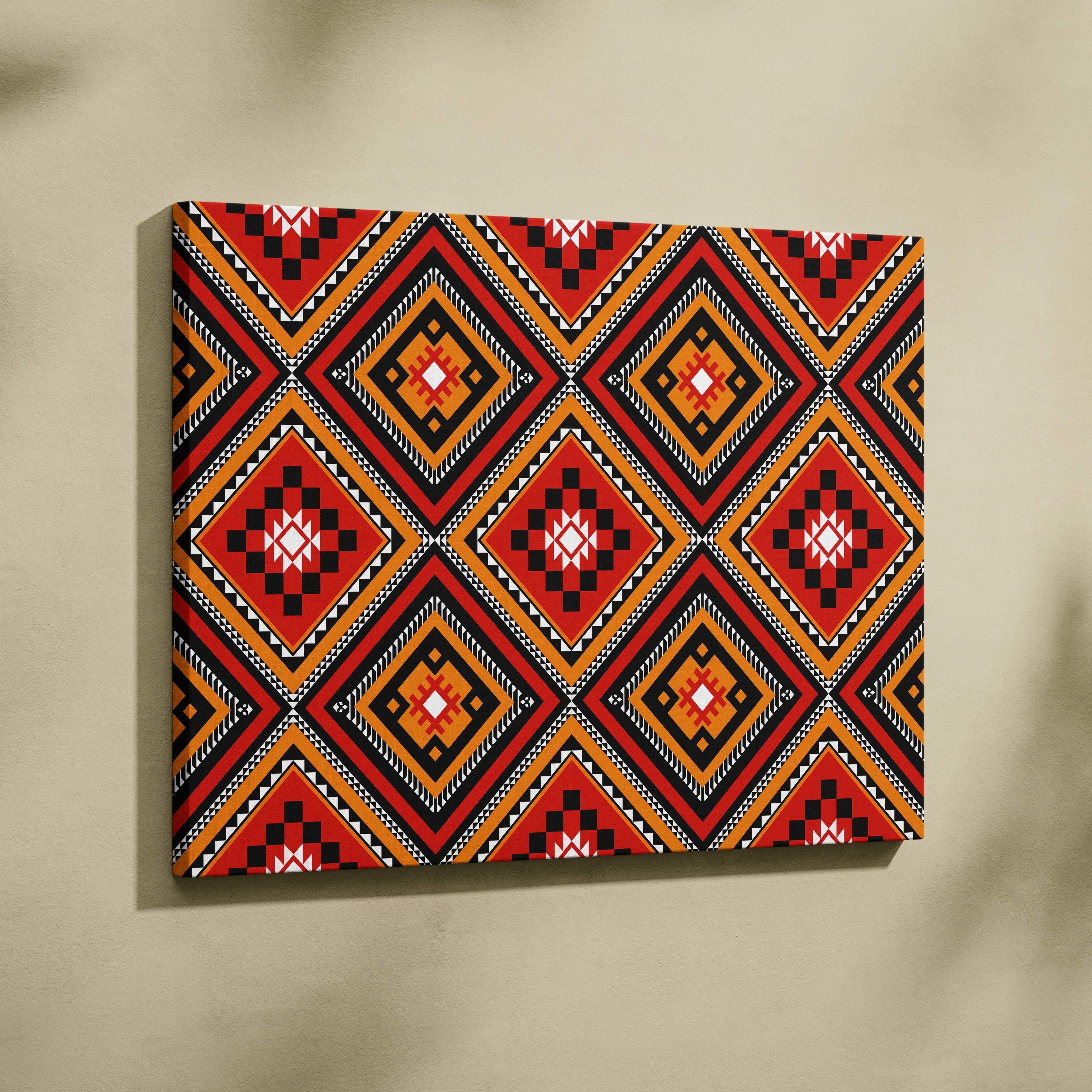 Tribal diamond pattern canvas wall art in red, orange, black, white