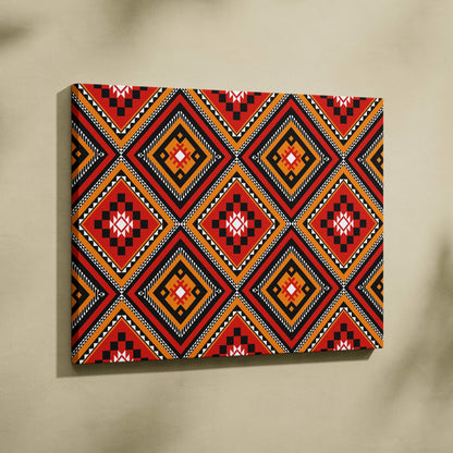 Tribal diamond pattern canvas wall art in red, orange, black, white