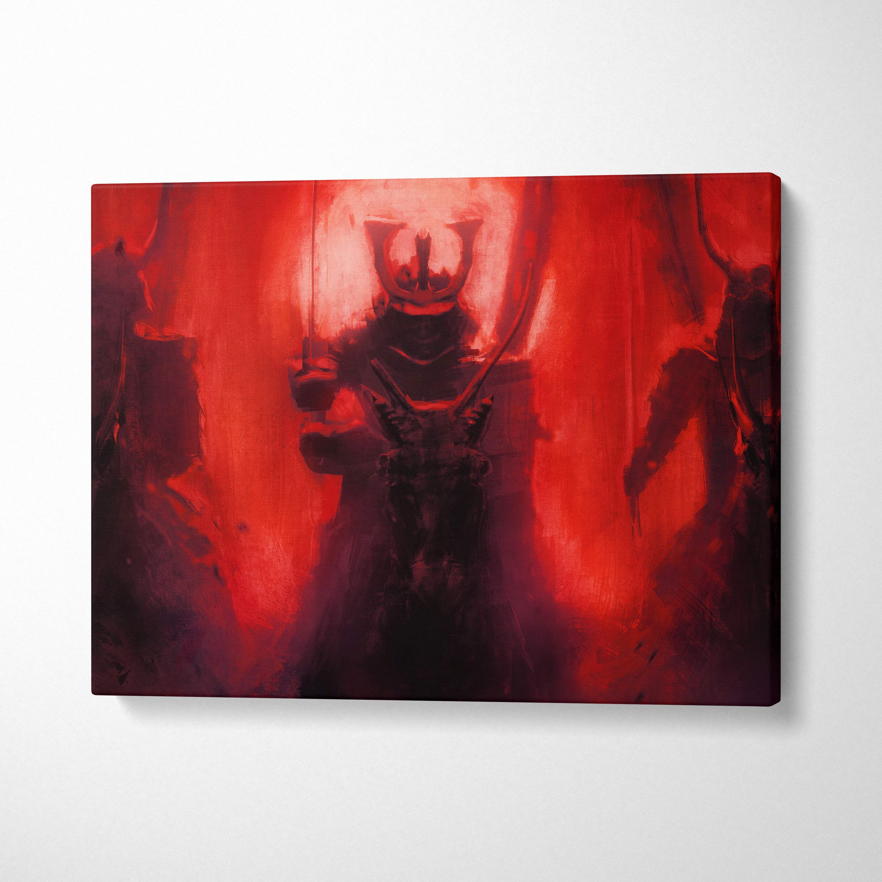 Crimson samurai shadows canvas art depicting a dark armored figure in japanese oni-inspired armor on red background