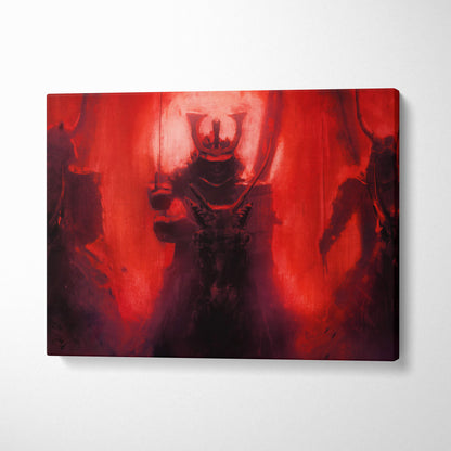 Crimson samurai shadows canvas art depicting a dark armored figure in japanese oni-inspired armor on red background