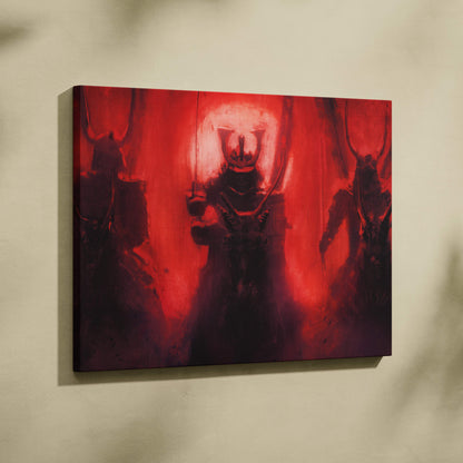 Crimson samurai shadows canvas art featuring a red armored figure with glowing eyes and horned oni warriors