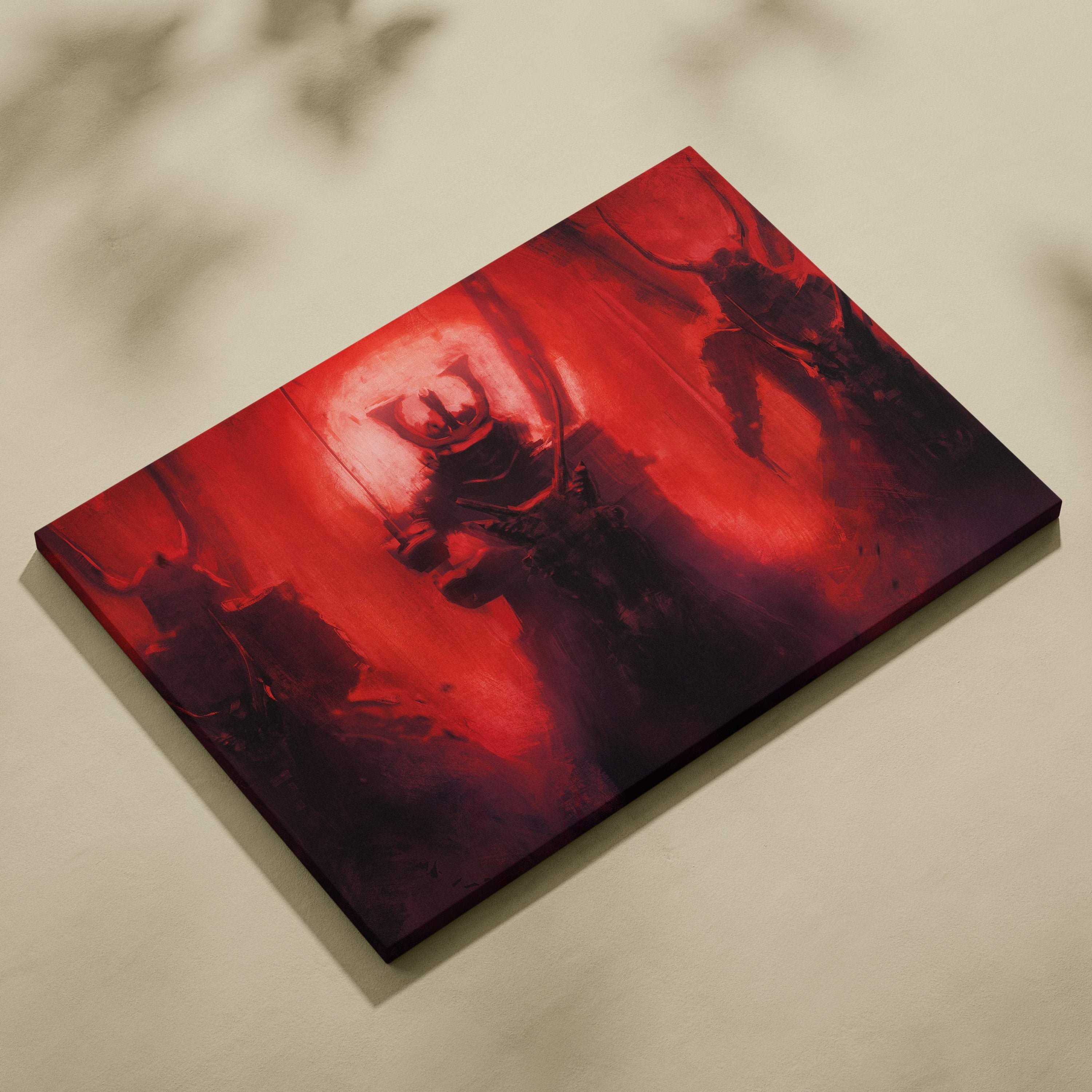 A rectangular canvas painting featuring an abstract scene with deep reds and blacks inspired by japanese oni armor