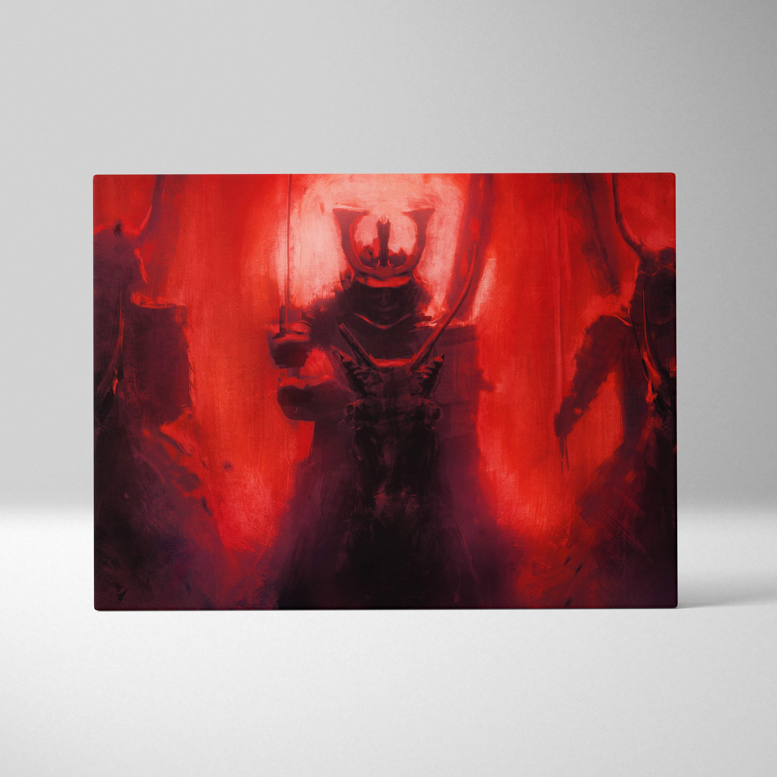Rectangular canvas print of a dark armored samurai figure against a red background with shadowy warriors silhouette