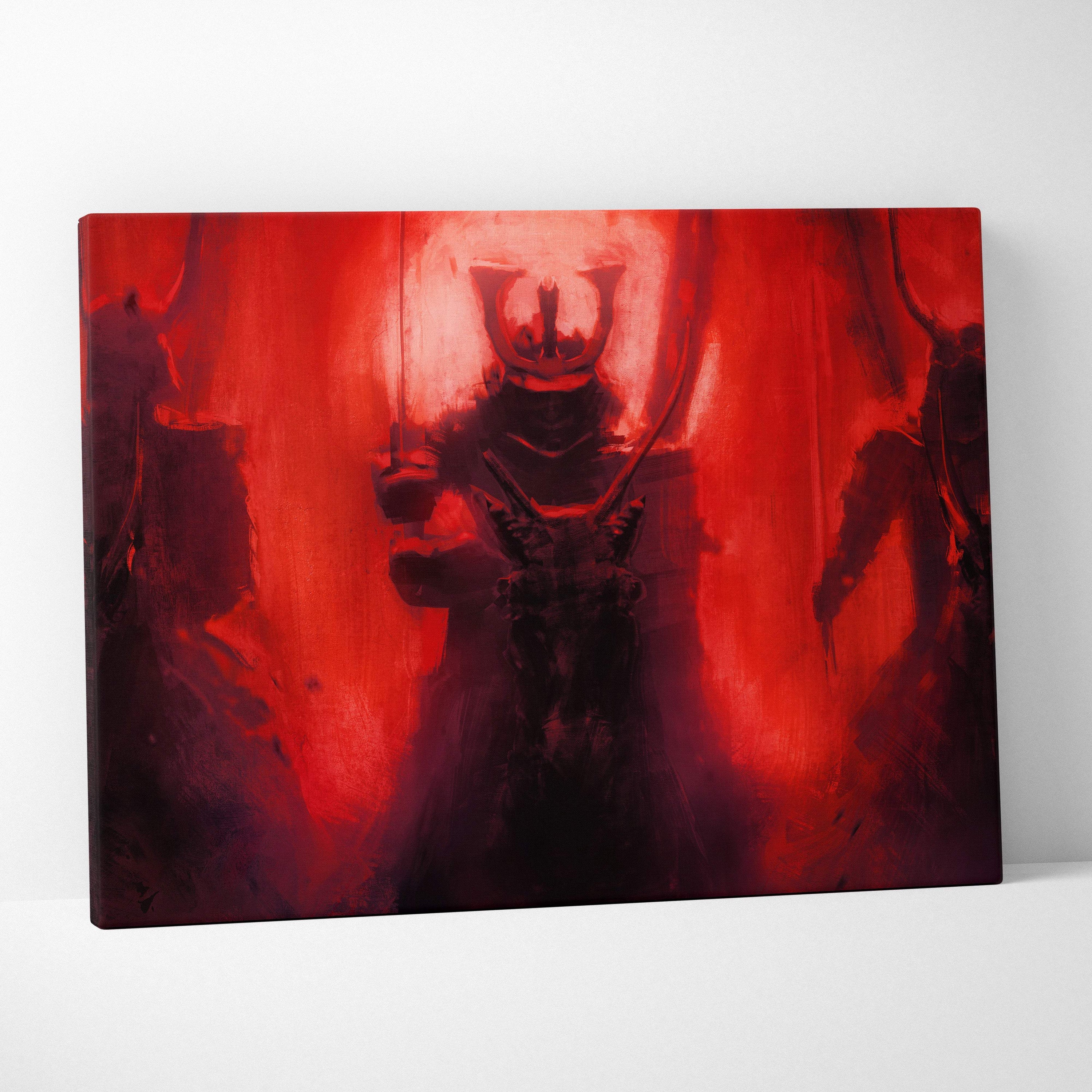 Crimson samurai shadows canvas art featuring a red and black stylized armored figure with japanese oni-inspired design