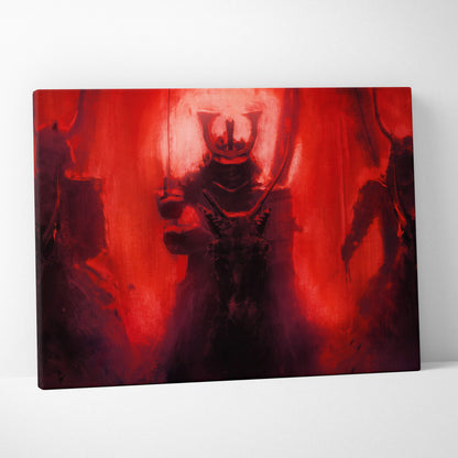 Crimson samurai shadows canvas art featuring a red and black stylized armored figure with japanese oni-inspired design