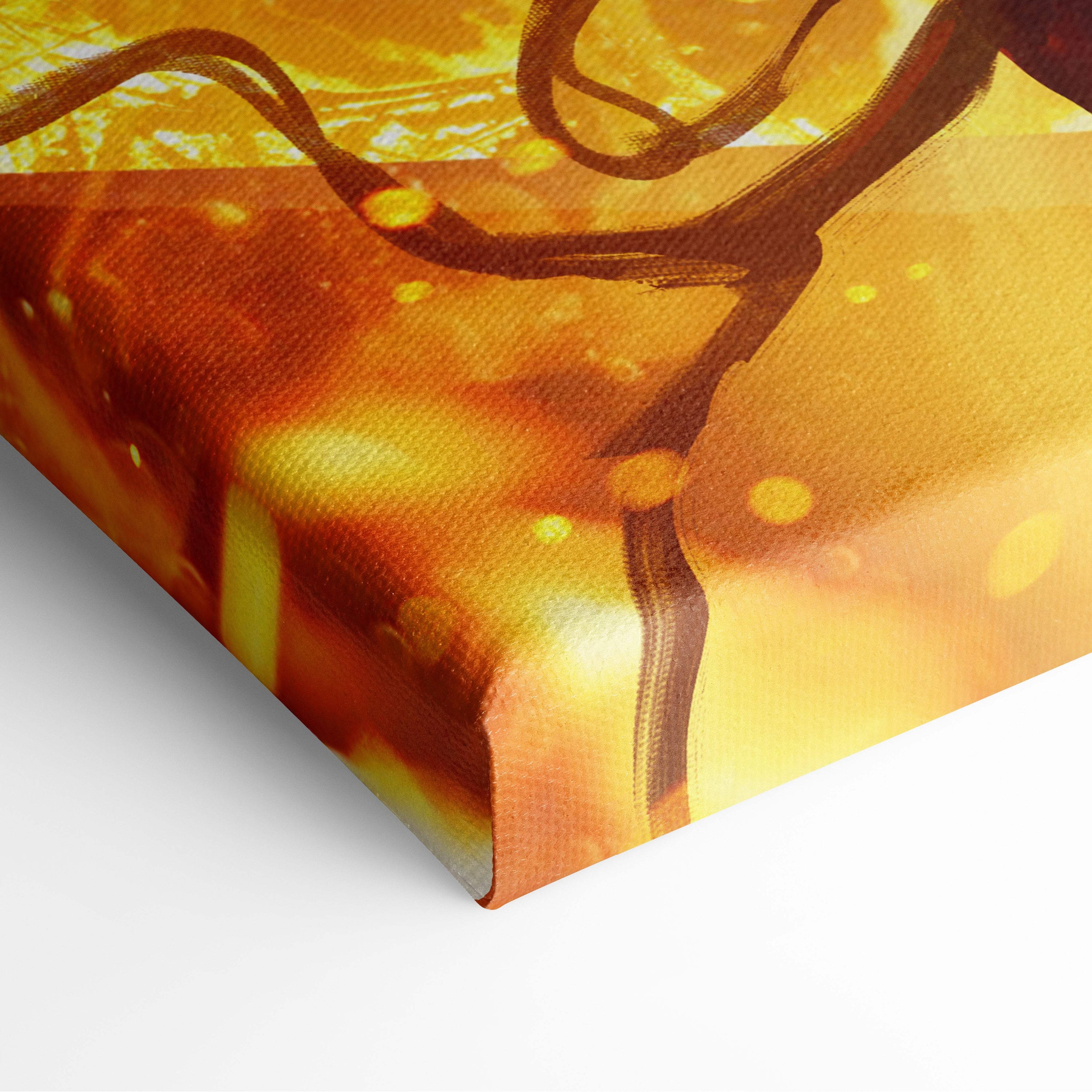Canvas print of phoenix fire sorceress with dark flowing branches on warm golden amber gradient wall decor