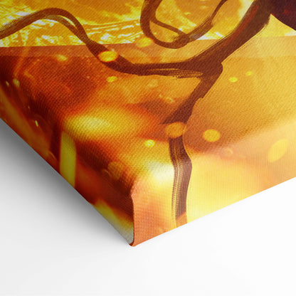 Canvas print of phoenix fire sorceress with dark flowing branches on warm golden amber gradient wall decor