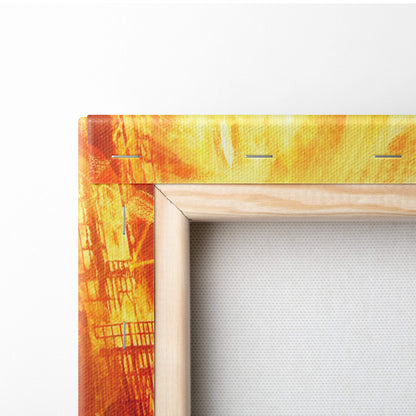 A vibrant orange and yellow phoenix fire sorceress canvas art with visible brushstrokes in a light wood frame