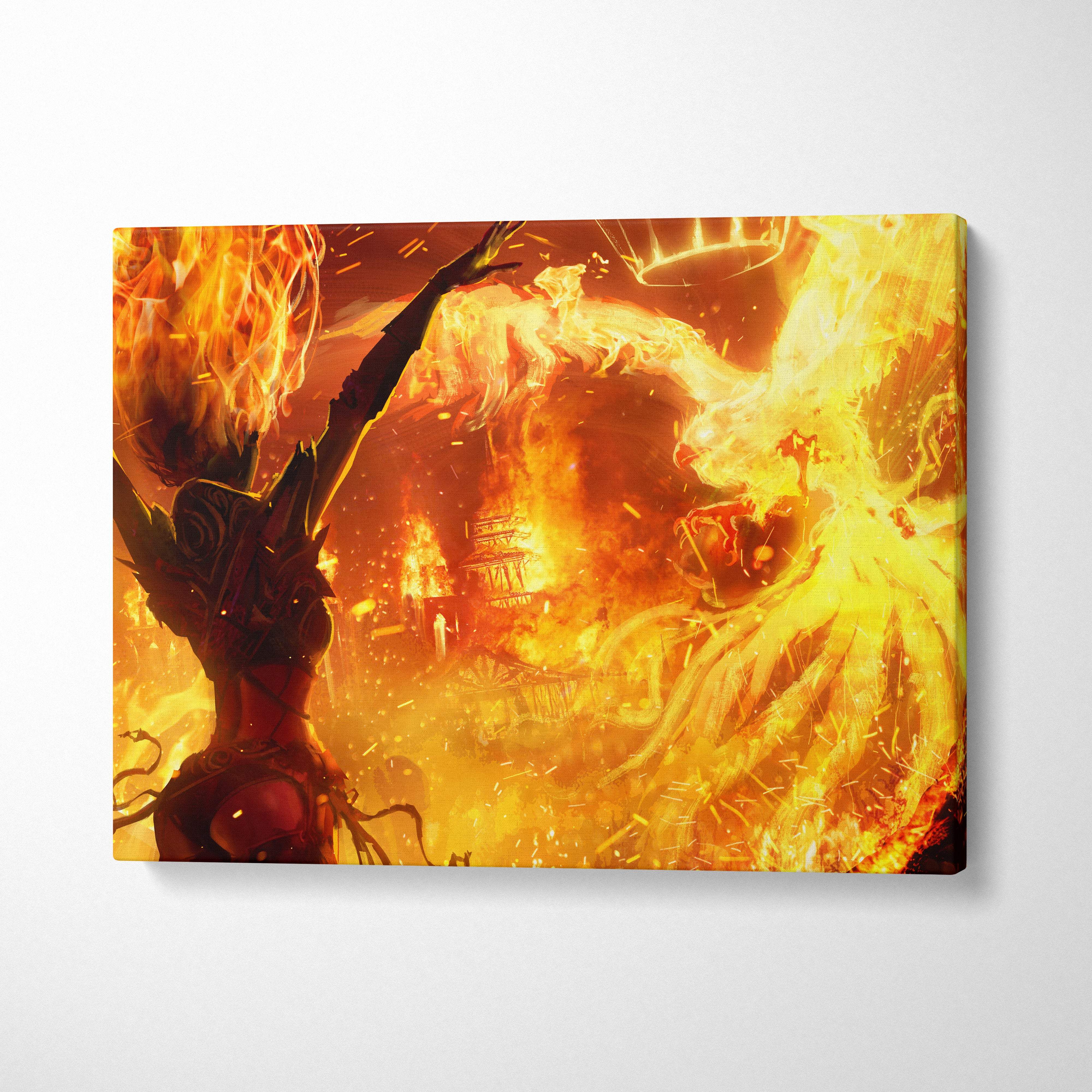 Phoenix fire sorceress canvas art featuring vibrant orange and yellow flame goddess with burning wings and inferno city background