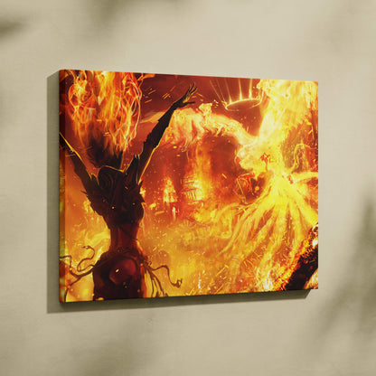 Vibrant orange and yellow phoenix fire sorceress canvas art featuring fiery flames and silhouetted figures for wall decor