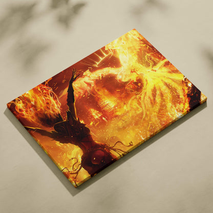 Vibrant orange and yellow phoenix fire sorceress canvas art with fiery phoenix and silhouetted figure wall decor