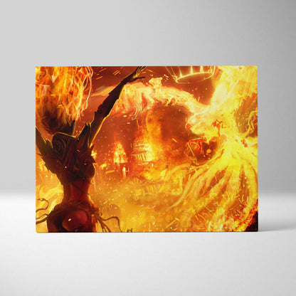 Vibrant orange and yellow phoenix fire sorceress canvas art featuring fiery wings and inferno city in digital painting style