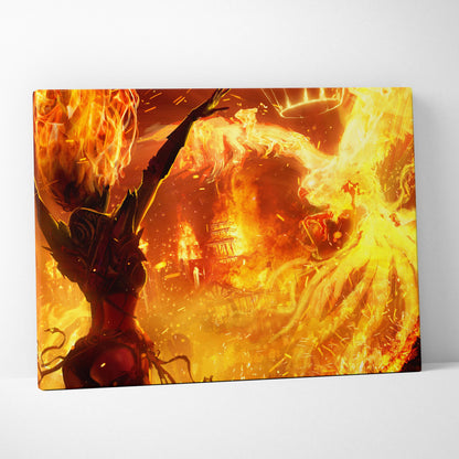 Vibrant orange and yellow phoenix fire sorceress canvas art with fiery wings and burning city digital painting decor