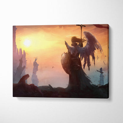 Canvas print of a winged warrior silhouette with shield and spear against an orange sunrise for wall decor